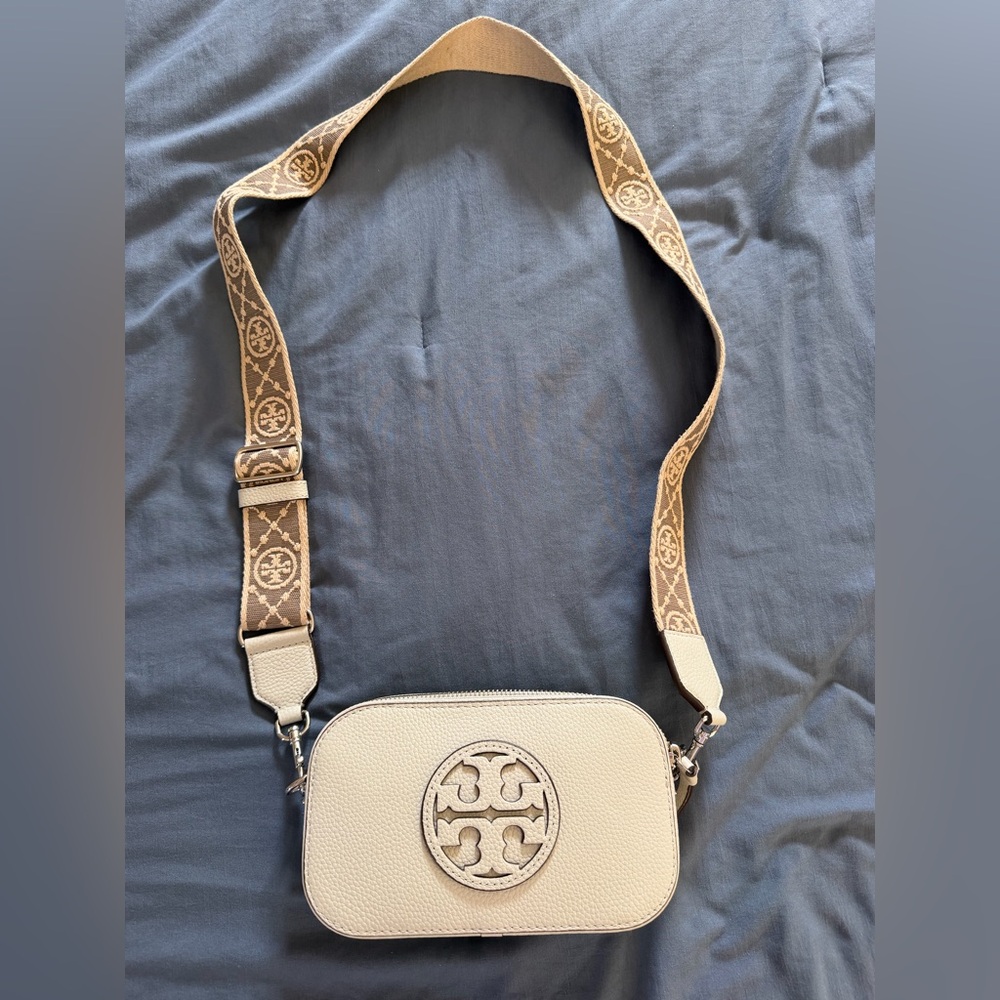 Tory Burch Cream Crossbody Bag with Logo Jacquard Strap
